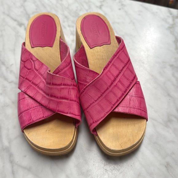 Anthropologie Swedish Hasbeens Anette Pink Wooden Heeled Skip On Clog Sandal 39 - Picture 3 of 10